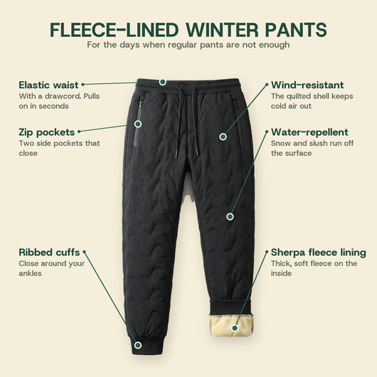 Fleece-lined winter pants features: elastic drawcord waist, zip pockets, ribbed cuffs, wind-resistant and water-repellent shell, sherpa fleece lining