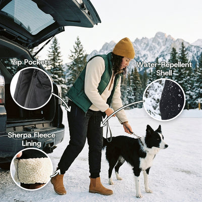 Woman in black fleece-lined winter pants clipping a leash on her dog at a snowy trailhead, with close-ups of the zip pocket, the water-repellent shell and the sherpa fleece lining