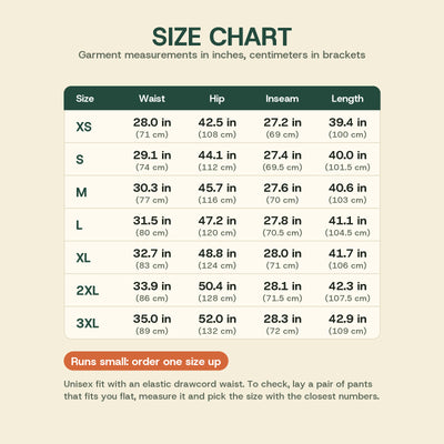Size chart for the fleece-lined winter pants, XS to 3XL: waist, hip, inseam and length in inches and centimeters. Runs small, order one size up