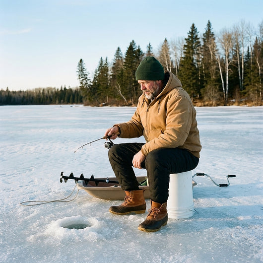 Man in black fleece-lined winter pants sitting on a bucket, ice fishing on a frozen lake
