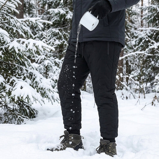Water poured from a mug beading up and running off the black shell of the winter pants in a snowy forest