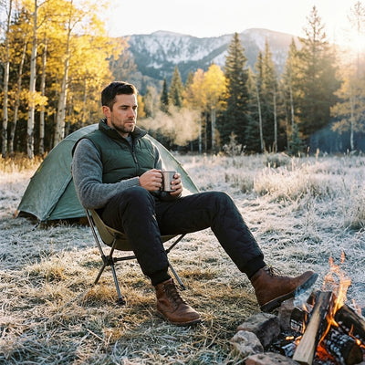Man in black fleece-lined winter pants sitting by a campfire with a mug at a frosty campsite in late fall