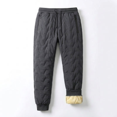 Gray fleece-lined winter pants laid flat, one cuff turned up to show the cream sherpa fleece lining