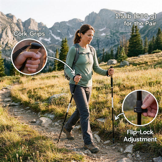 Hiker with trekking poles in an alpine meadow, with close-ups of the cork grip and the flip-lock adjustment. 1.5 lb (680 g) for the pair
