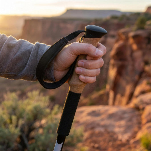Hand holding the cork grip of a trekking pole with the padded strap around the wrist, desert canyon behind