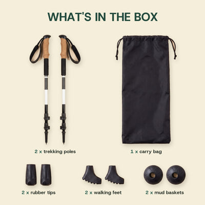 What's in the box: 2 trekking poles, 1 carry bag, 2 rubber tips, 2 walking feet and 2 mud baskets