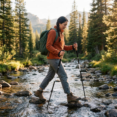 Hiker crossing a rocky creek using two trekking poles for balance