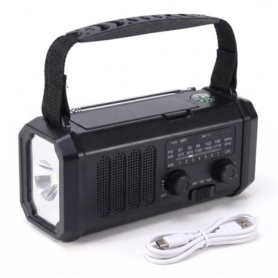 Black emergency weather radio with carry strap, flashlight, speaker, AM/FM/WB tuning dial and USB-C cable