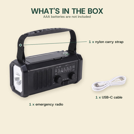 What's in the box: emergency radio, nylon carry strap and USB-C cable