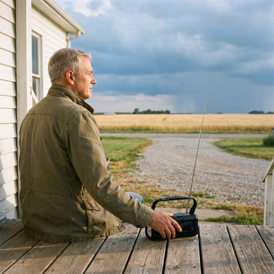 Man on a farmhouse porch tuning the emergency radio, antenna extended, as clouds build over a wheat field