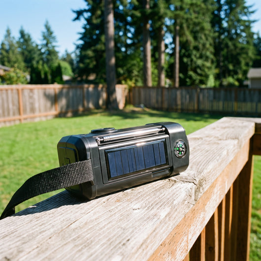Emergency radio on a sunny porch railing, seen from above: solar panel, compass and antenna on top