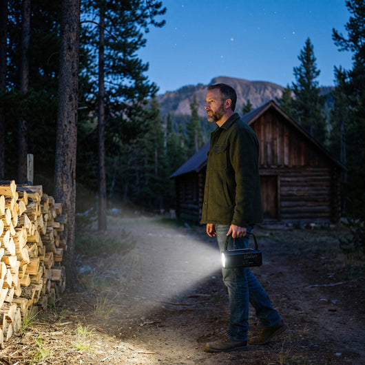Man walking to a firewood pile at dusk, lighting the path with the flashlight on the end of the emergency radio
