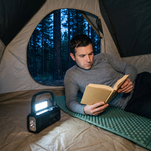 Man reading a book in a tent by the fold-up reading light of the emergency radio
