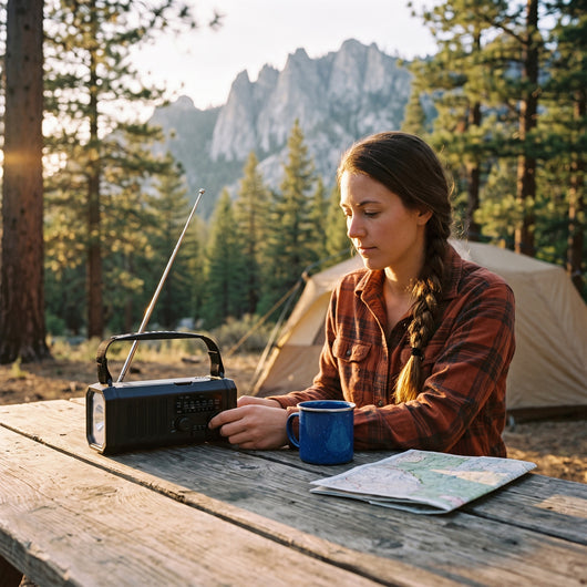 Woman tuning the emergency radio at a picnic table in a pine forest campsite below granite peaks