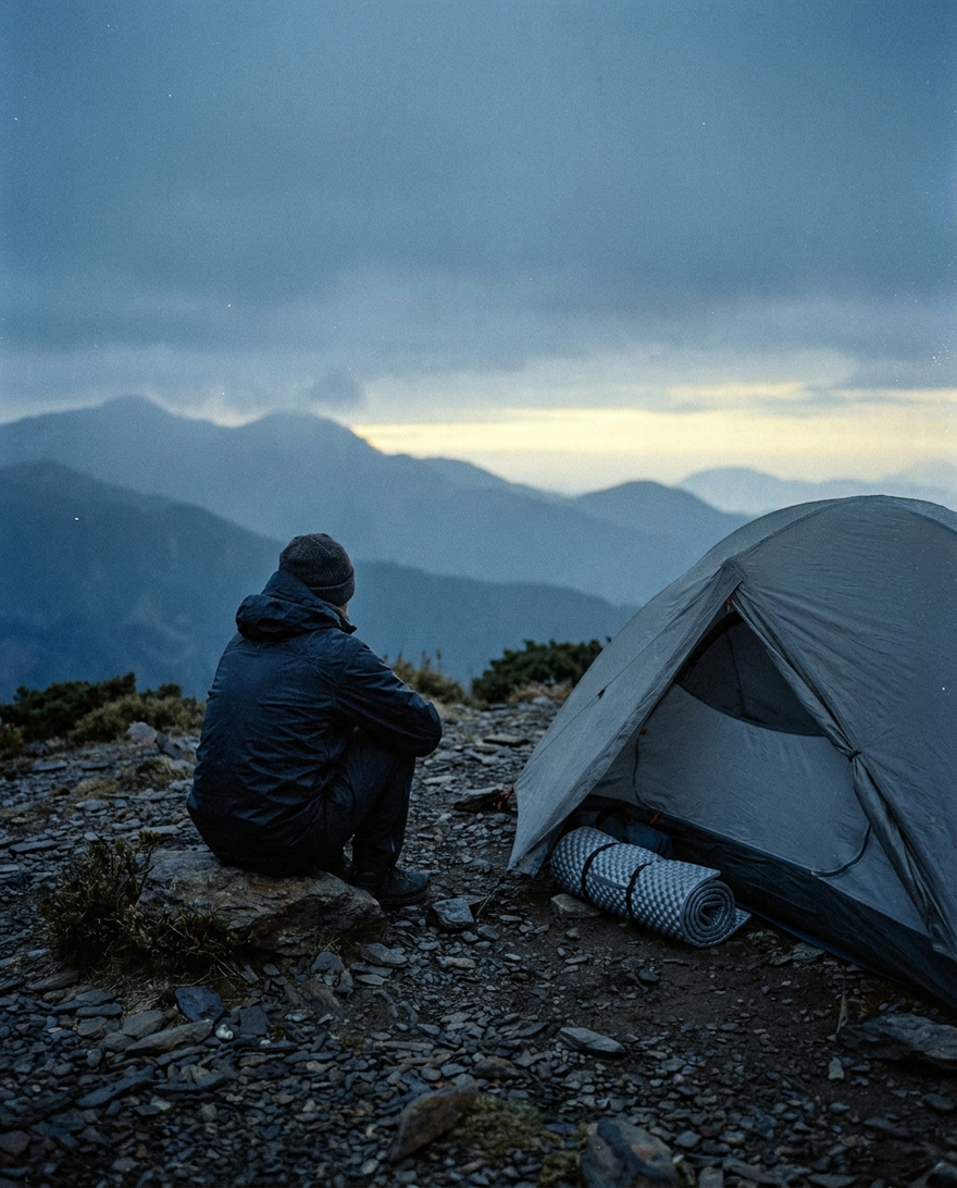 A hiker seen from behind sits hunched on a rock beside a small tent on a stony ridge before dawn, with a rolled foam mat by the tent door.