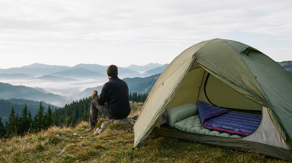 A camper seen from behind sits on a rock with a mug beside an open tent on a grassy ridge. Inside the tent are a sage green sleeping pad and a navy down sleeping bag, and misty mountain ridges fill the distance.