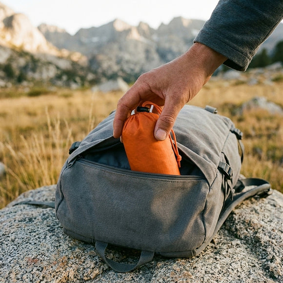 Hand tucking the small orange stuff sack into the top pocket of a gray backpack, alpine meadow behind