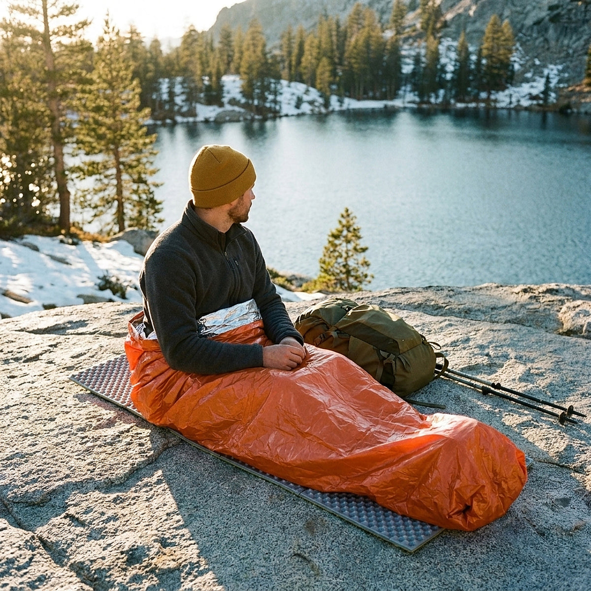Man sitting in an orange emergency bivvy sack on a granite slab beside a mountain lake, with a daypack and trekking poles