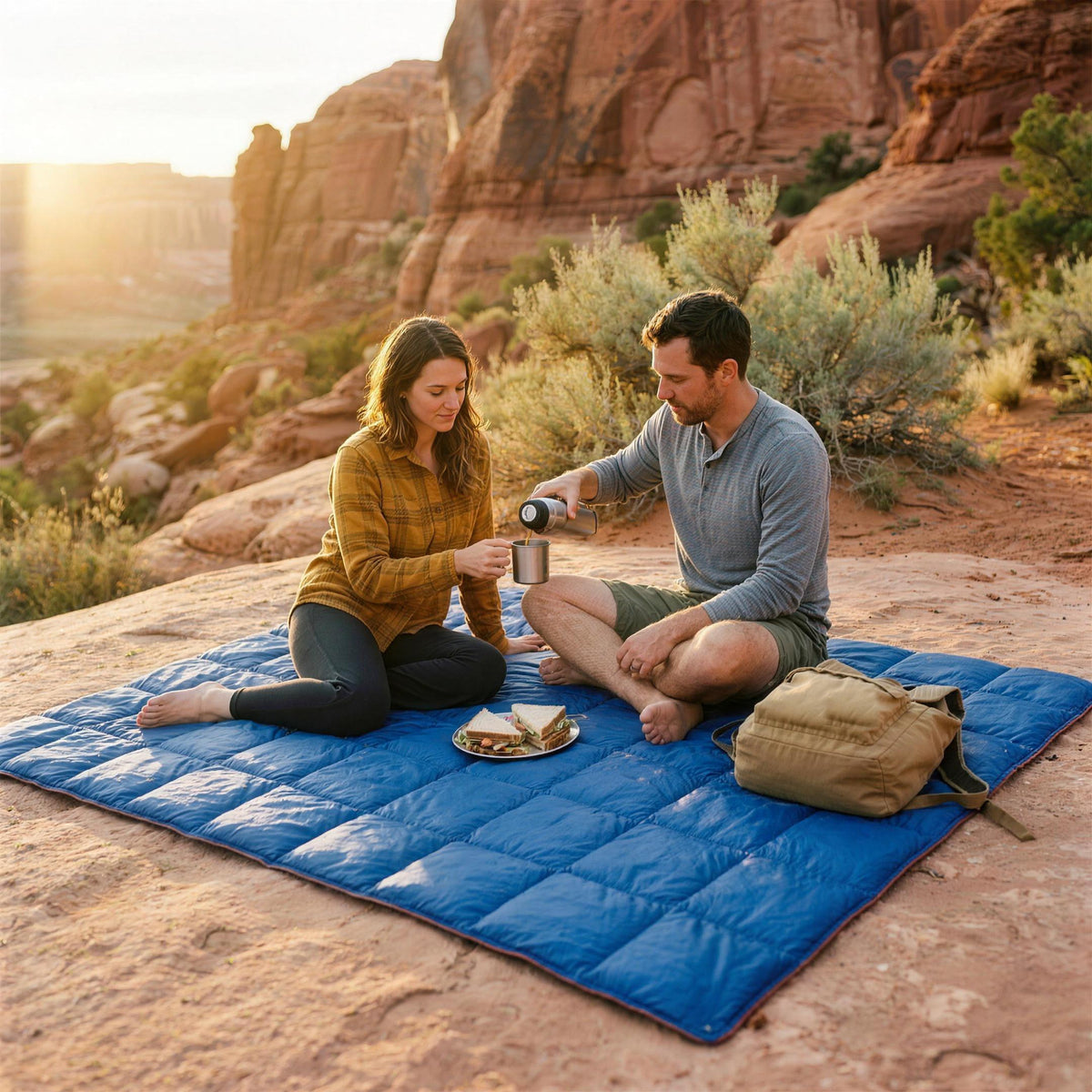 Couple sharing coffee on the blue puffer blanket spread out on a sandstone slab in a red rock canyon
