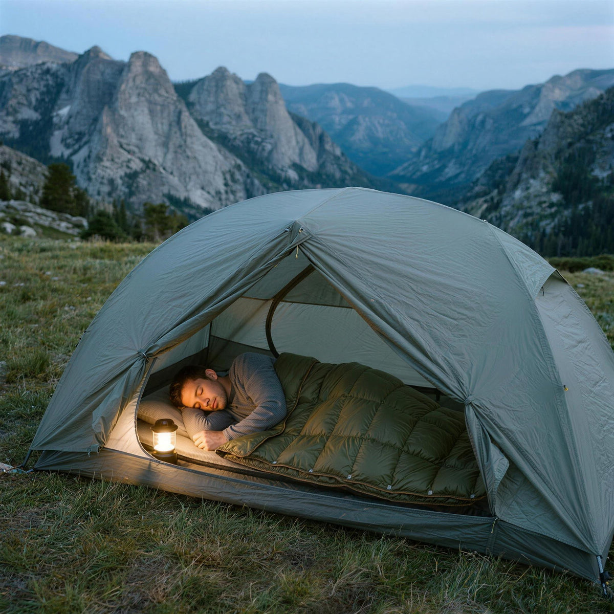 Man asleep in a tent in the mountains, tucked into the green puffer blanket snapped into a sleeping bag