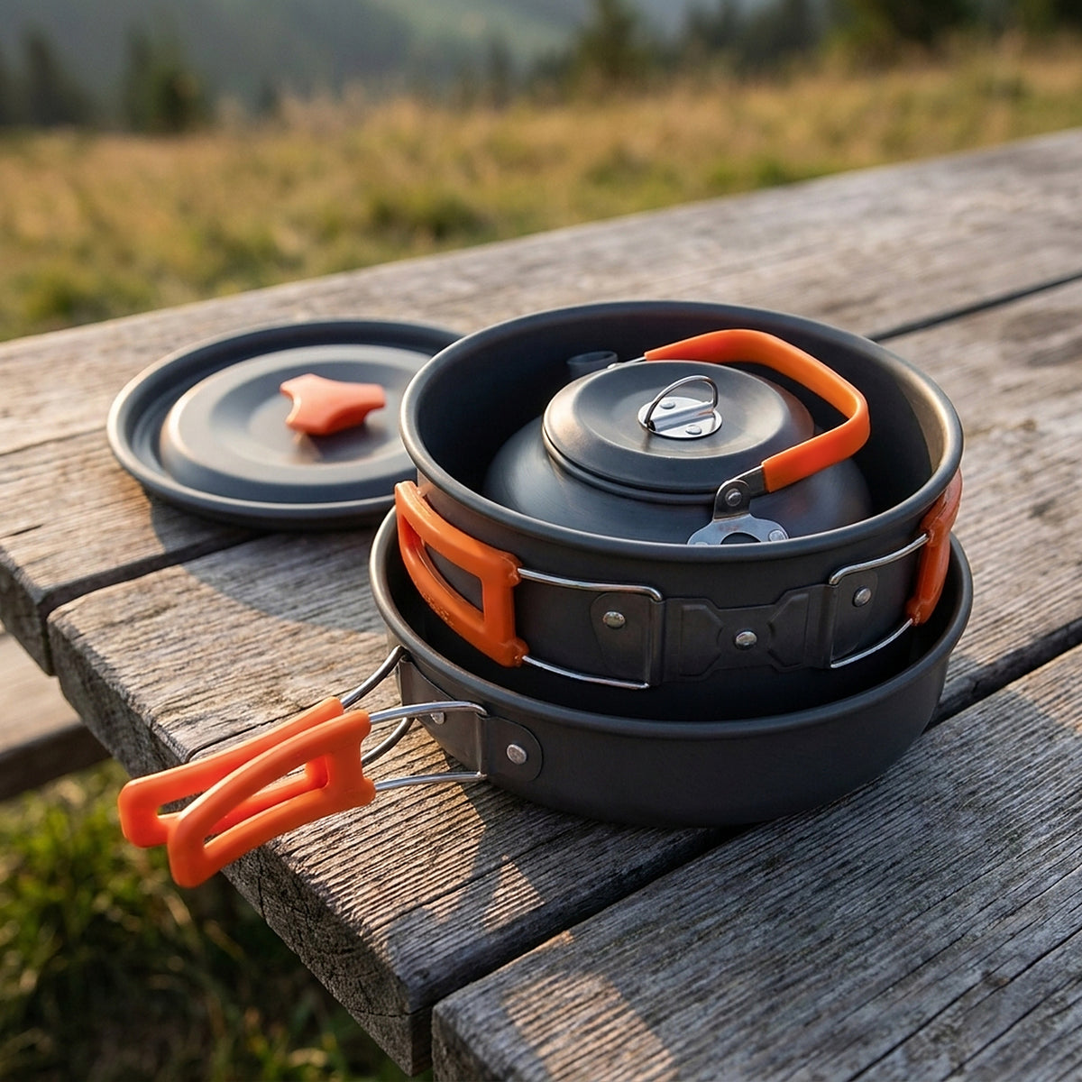 The kettle packed inside the pot, the pot standing in the frying pan and the lid beside it on a picnic table