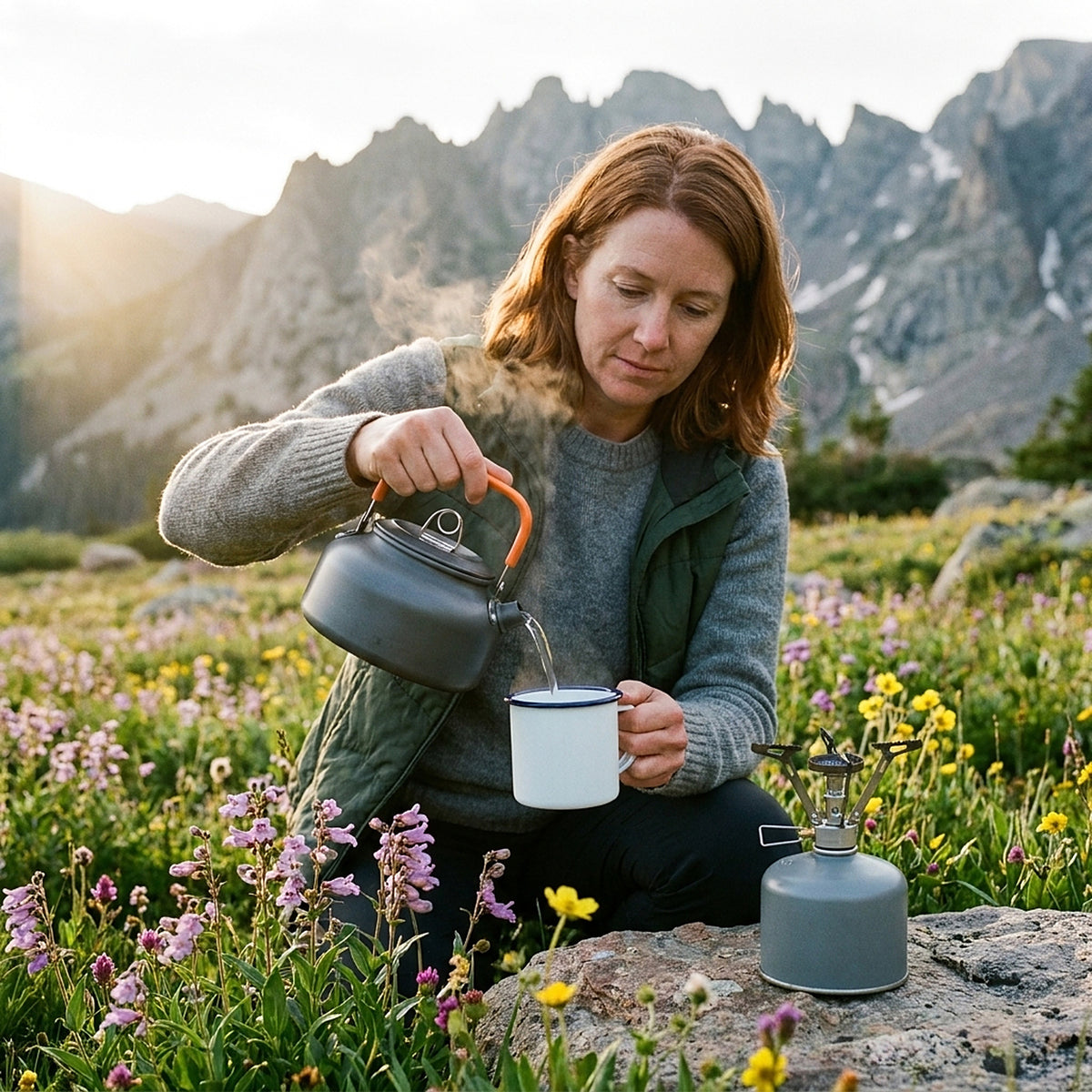Woman pouring hot water from the aluminum kettle into an enamel mug in a wildflower meadow below a granite range