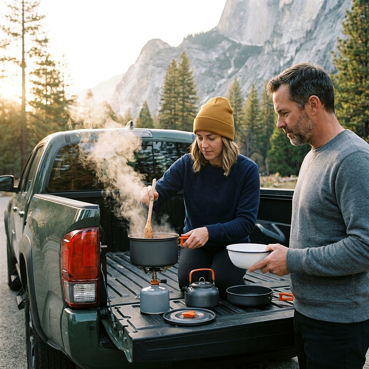 Two friends cooking chili in the pot on a camp stove on a pickup tailgate at a forest trailhead