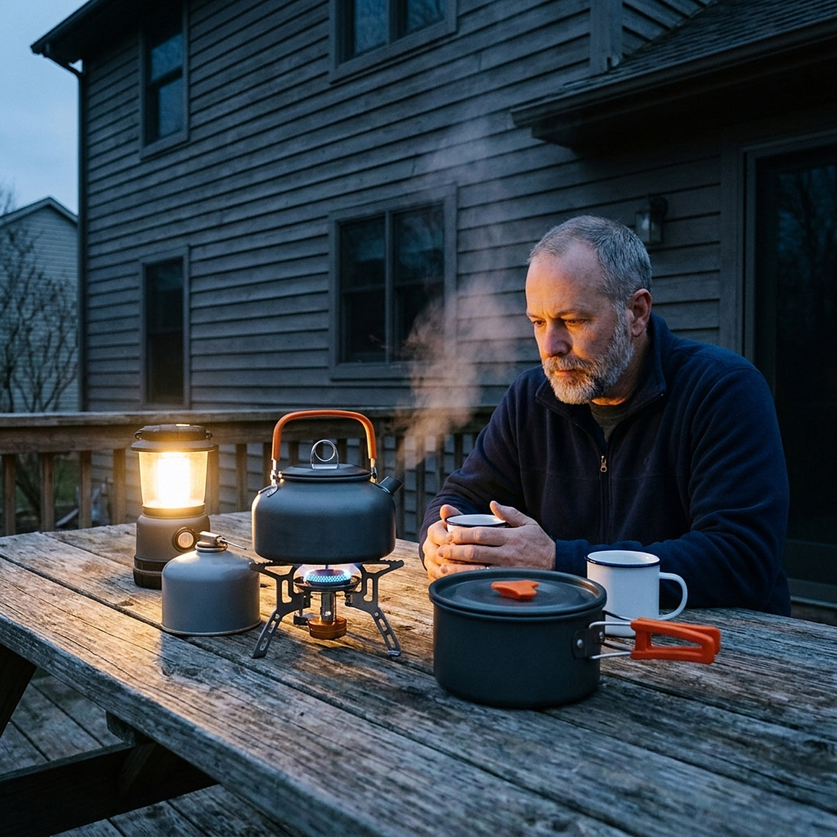 The kettle heating on a camp stove on a deck table outdoors at dusk, a lantern and the pot beside it