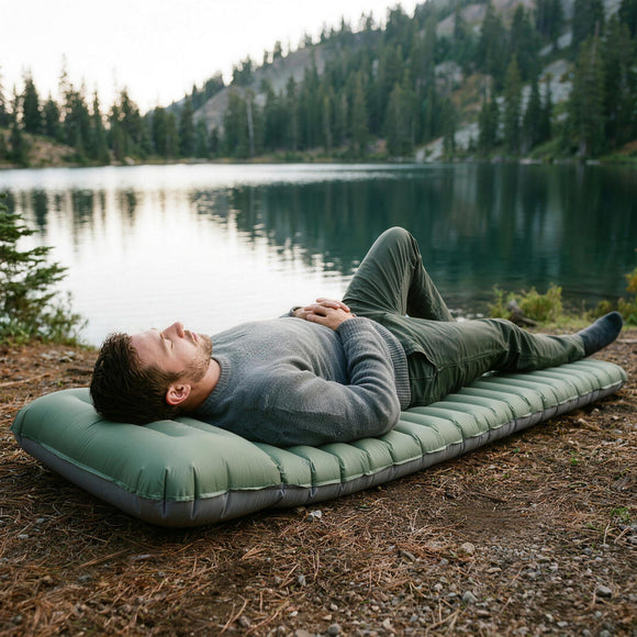 Man resting on a green Mattress Pro V2 beside a mountain lake, the 4 in thick pad seen from the side