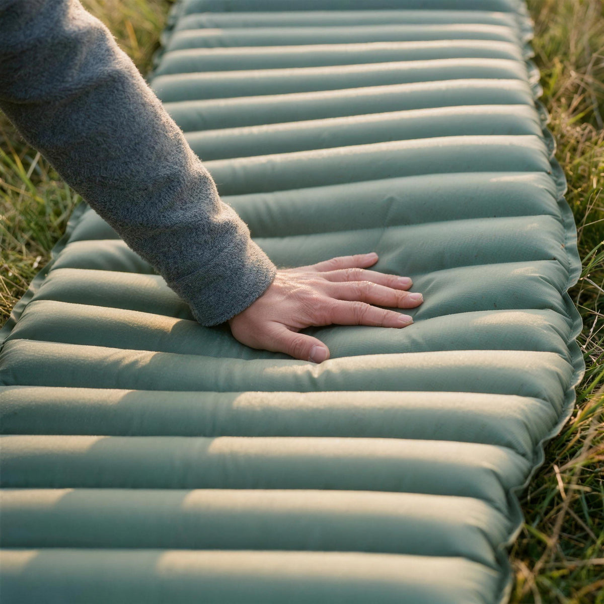 Hand pressing into the air channels of a green Mattress Pro V2 sleeping pad