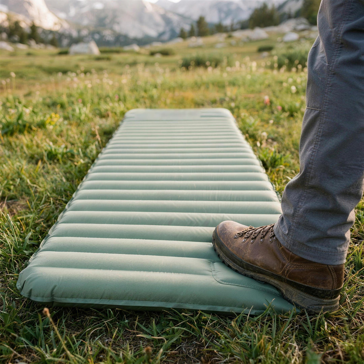 Hiking boot pressing the built-in foot pump at the foot end of a green Mattress Pro V2