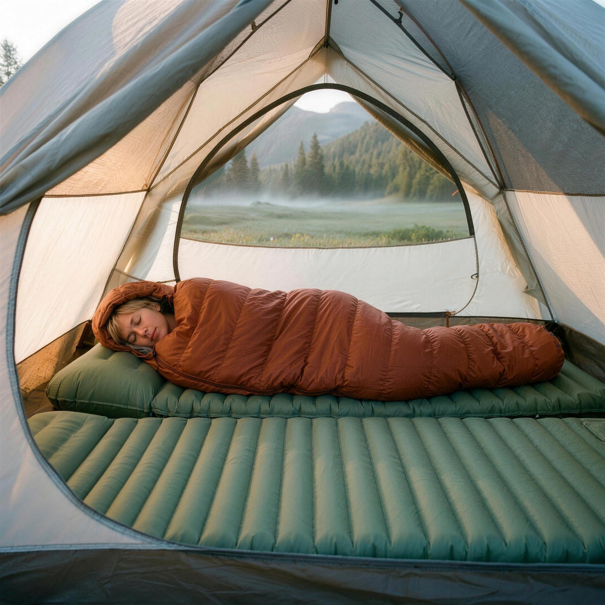 Camper asleep in a down sleeping bag on a green Mattress Pro V2 inside a tent at dawn