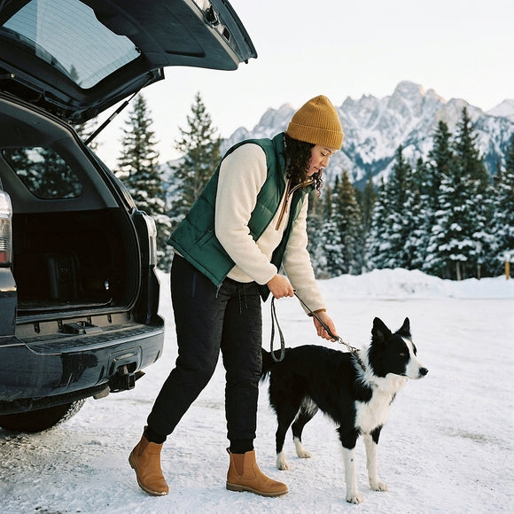 Woman in black fleece-lined winter pants clipping a leash on her dog behind an SUV at a snowy trailhead