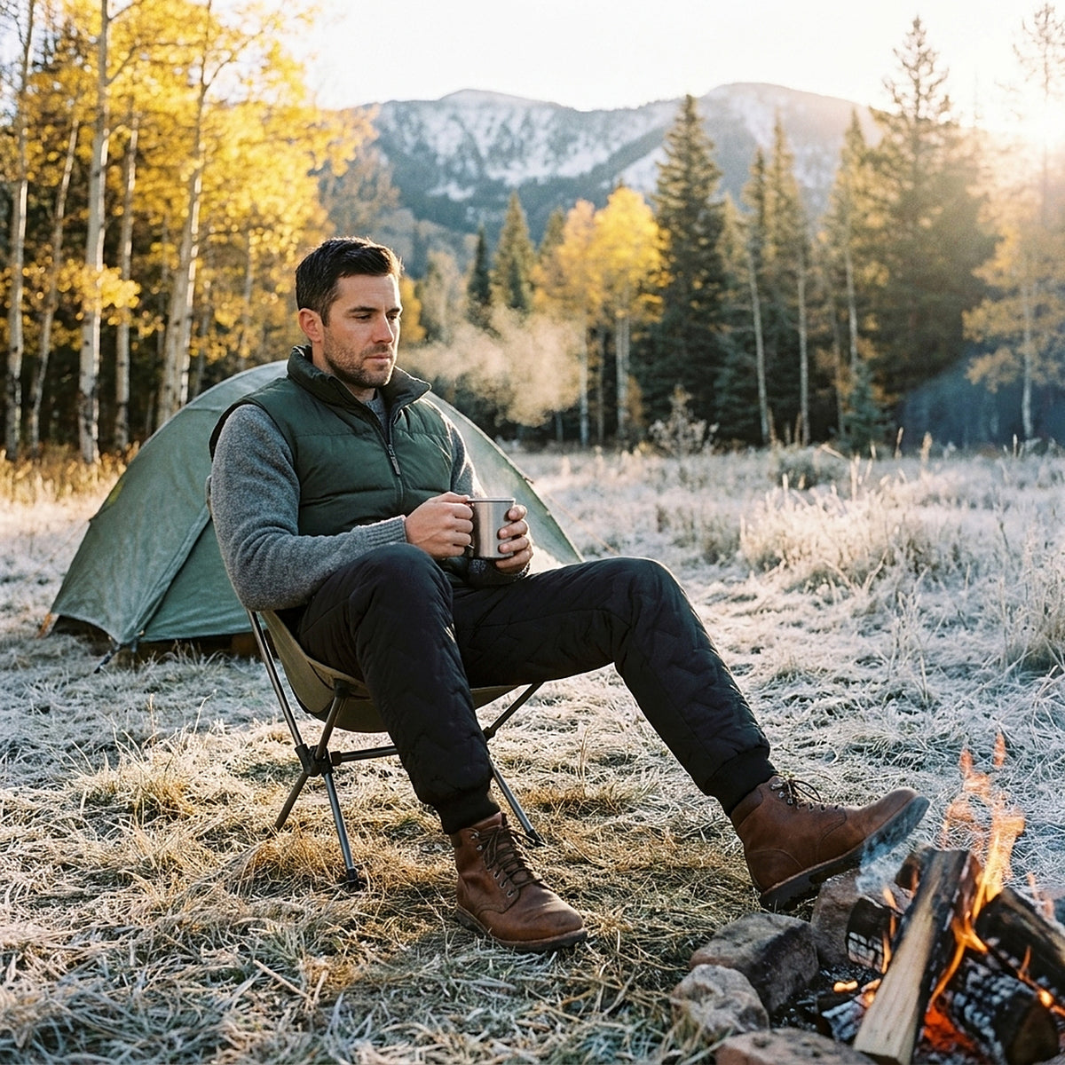 Man in black fleece-lined winter pants sitting by a campfire with a mug at a frosty campsite in late fall