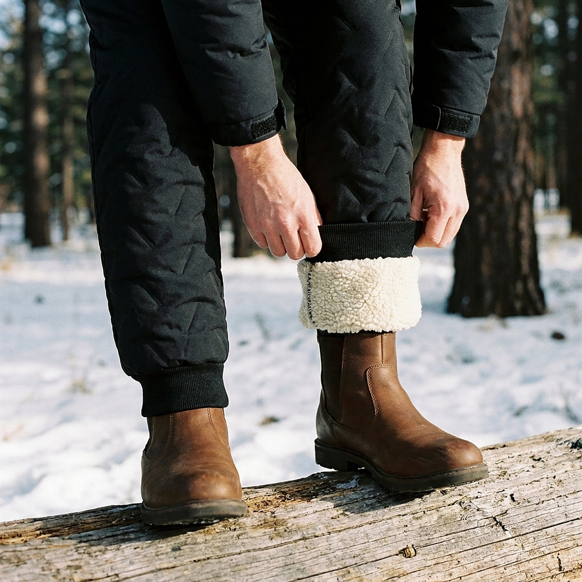 Hands turning up the ankle cuff of the black winter pants to show the thick cream sherpa fleece lining