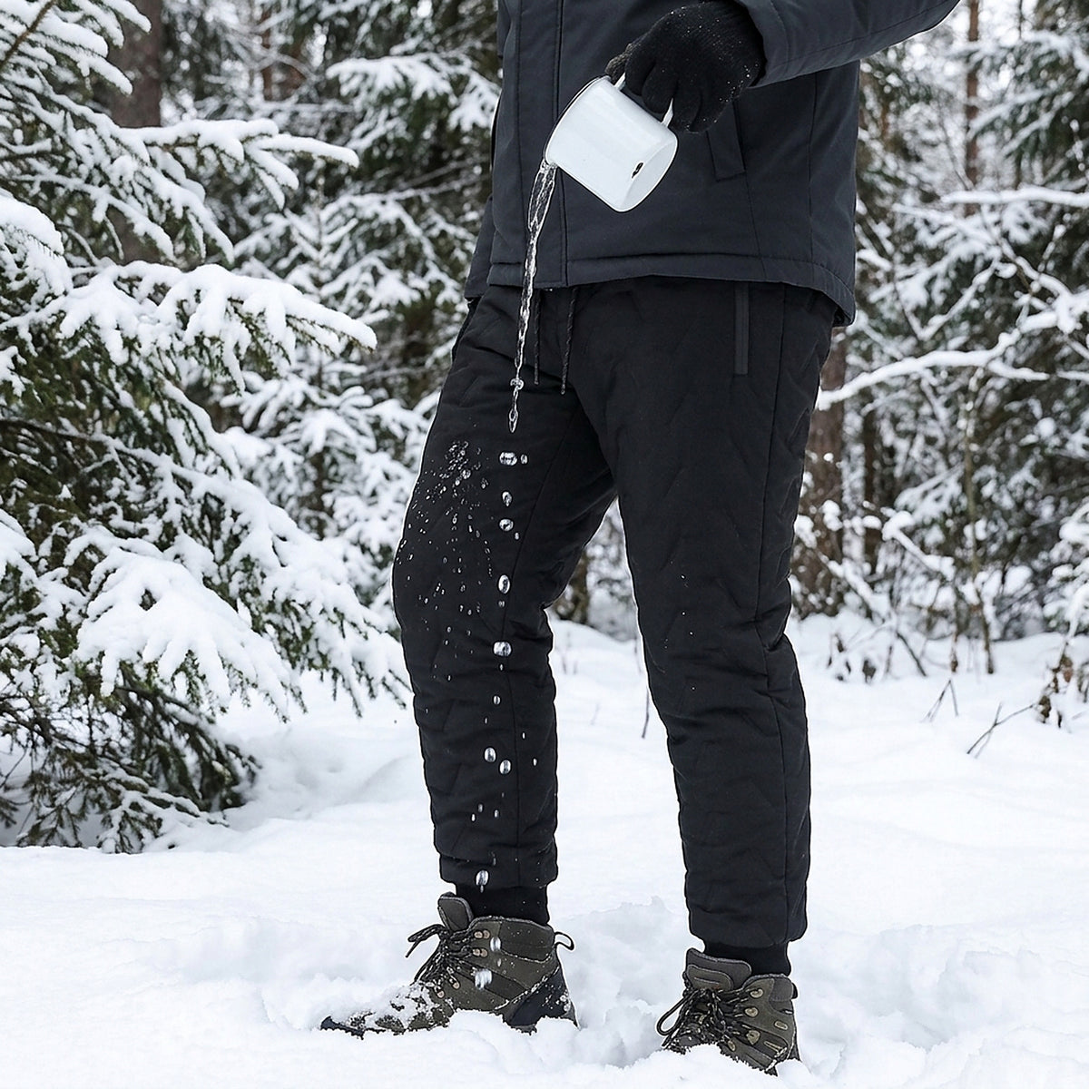 Water beading up and running off the black shell of the winter pants in a snowy forest