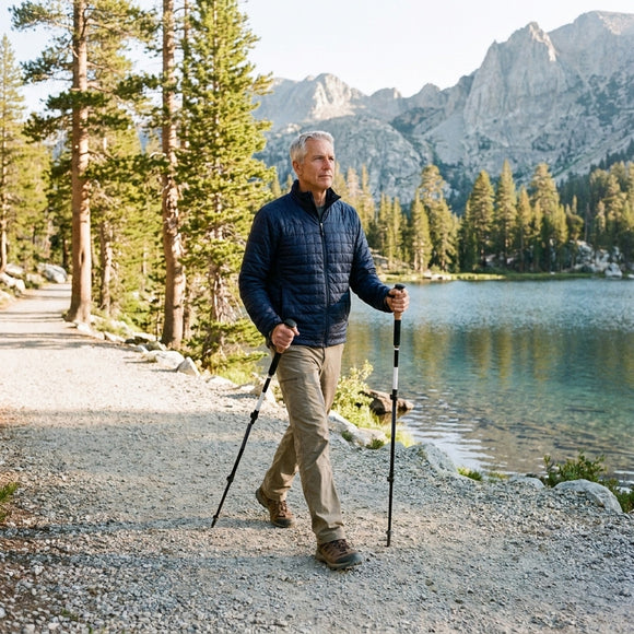 Man walking a gravel path beside a mountain lake with a trekking pole in each hand