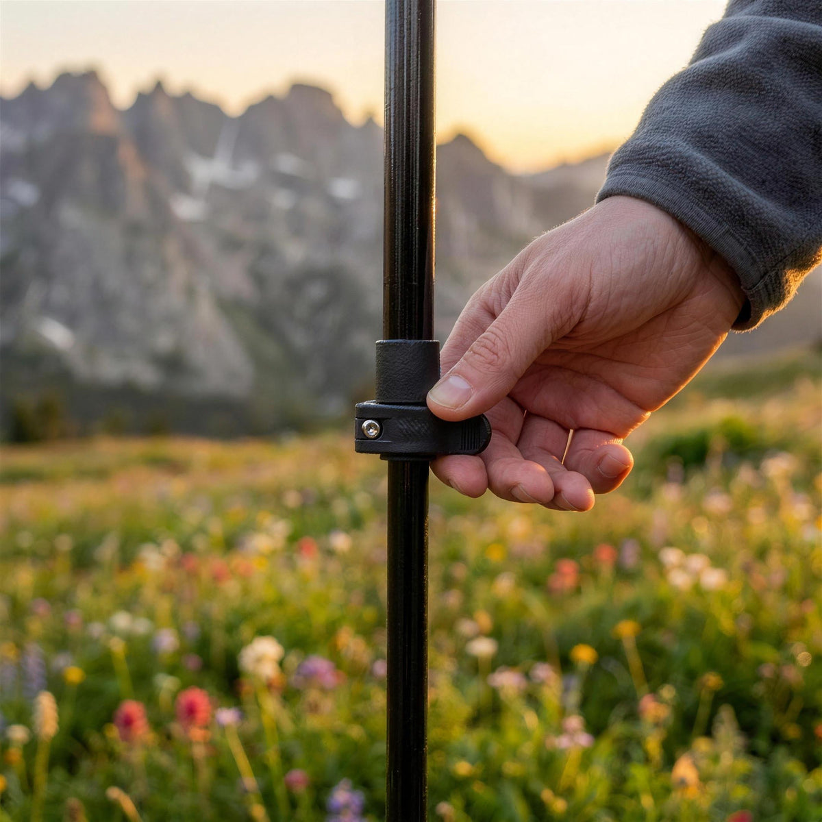 Thumb closing the flip lock on a trekking pole, alpine meadow behind