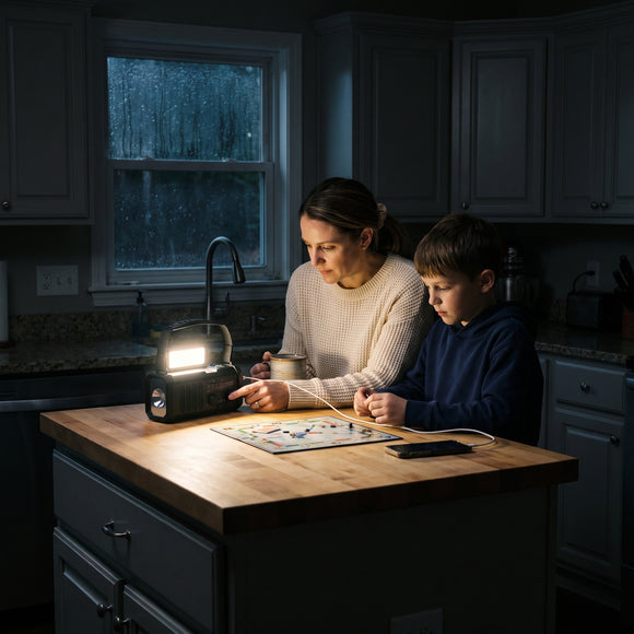 Mother and son at a kitchen island during a power outage, lit by the radio's reading light while a phone charges from it