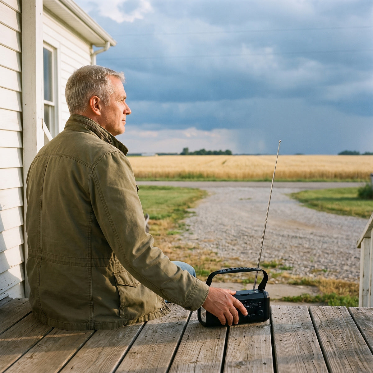 Man on a farmhouse porch tuning the emergency radio, antenna extended, as clouds build over a wheat field