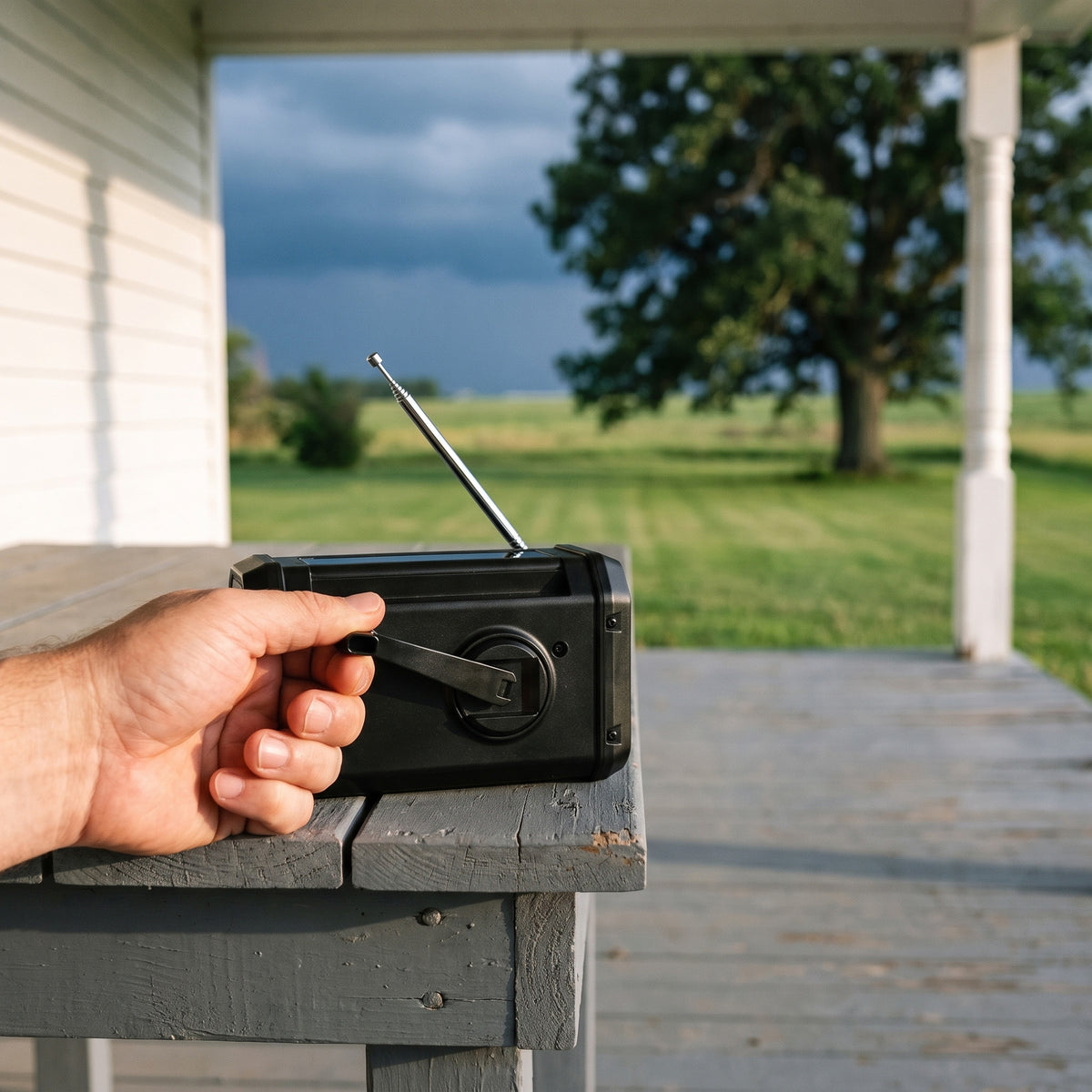 Hand turning the fold-out crank on the back of the emergency radio on a farmhouse porch
