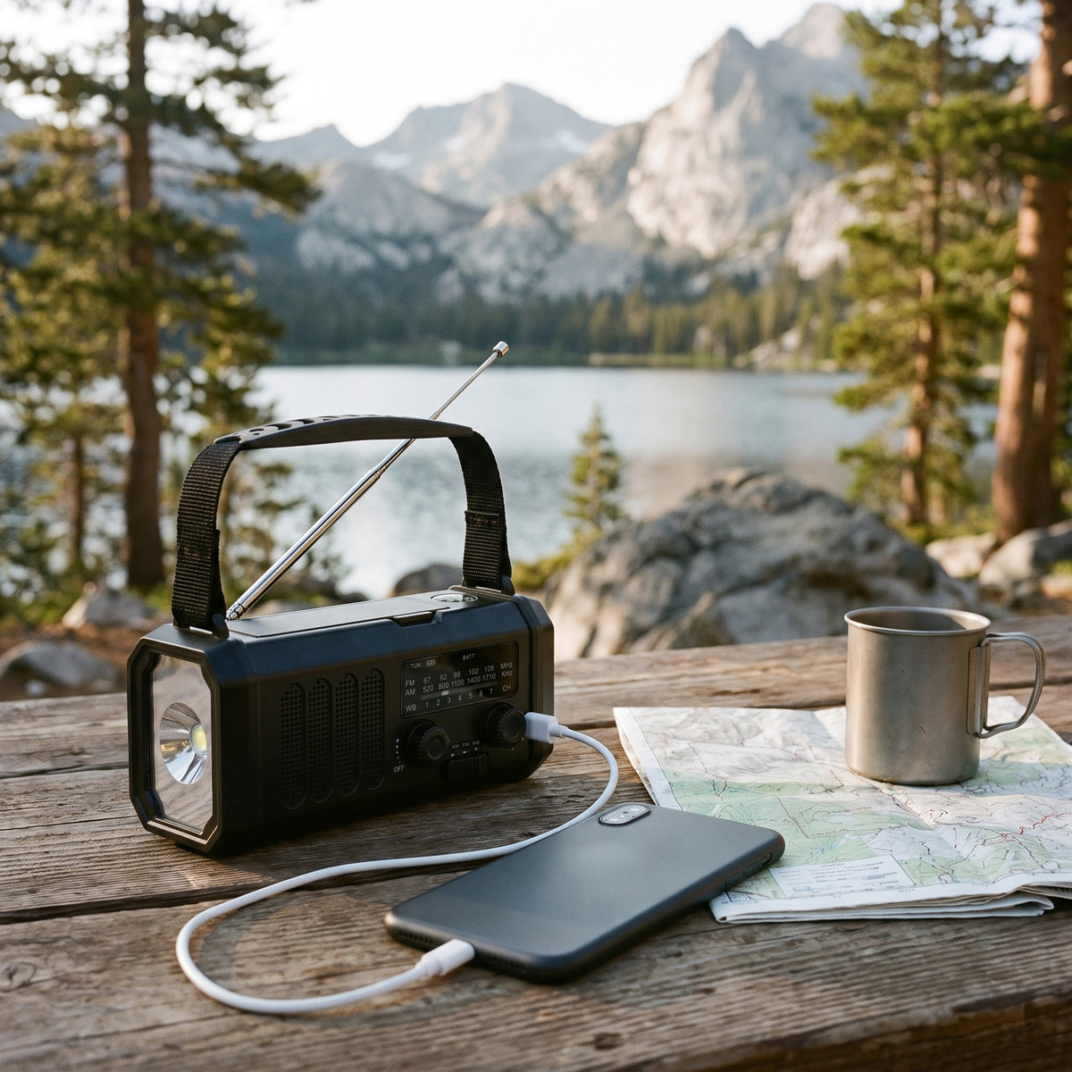 Phone charging from the emergency radio on a picnic table by a mountain lake, antenna extended