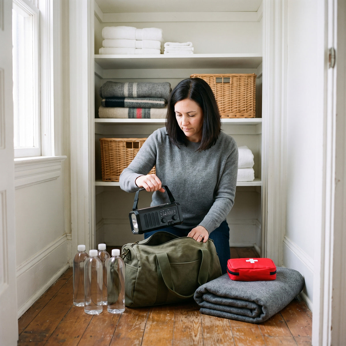 Woman packing the emergency radio into a canvas duffel beside water bottles, a blanket and a first aid pouch