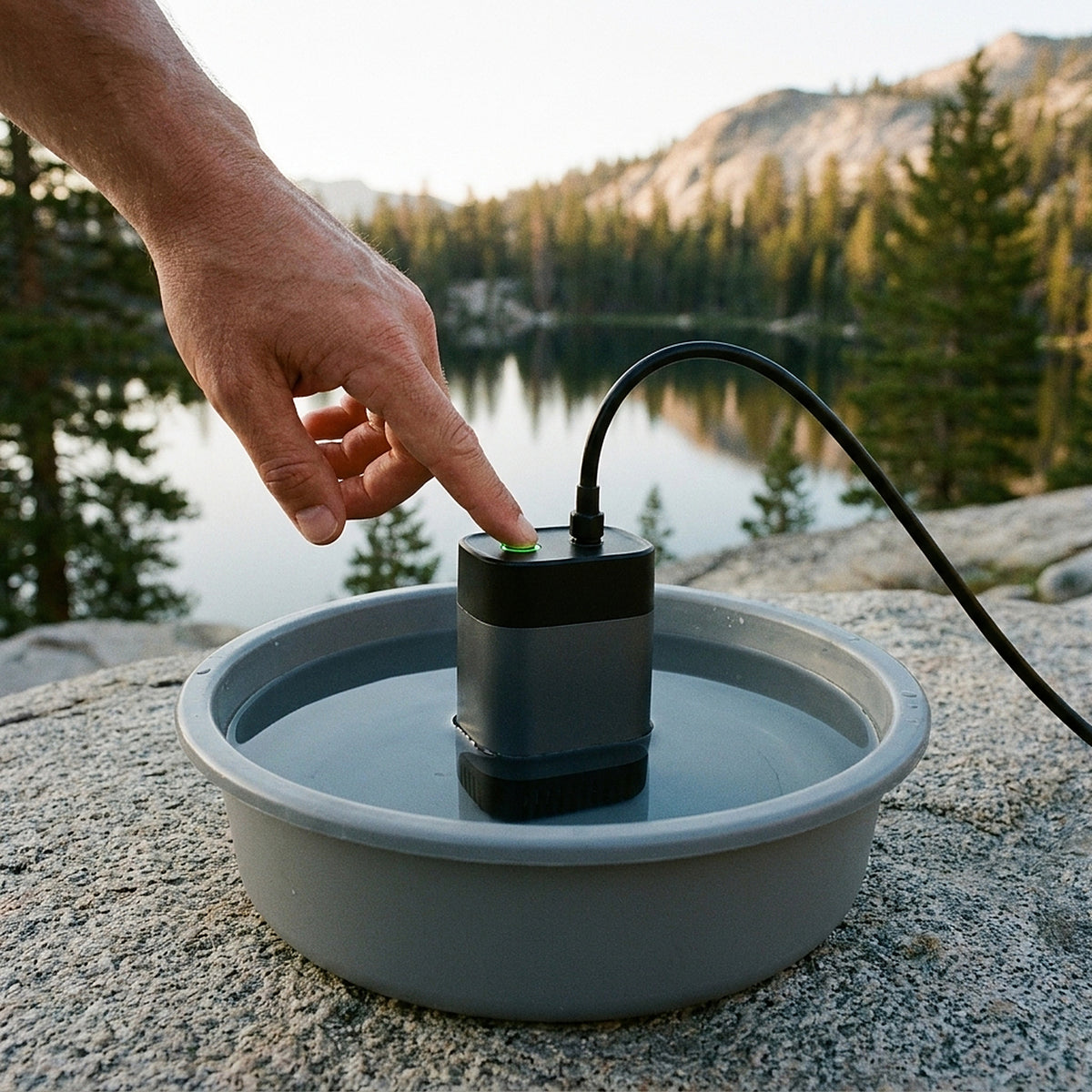 Finger pressing the green-lit power button on top of the pump, which stands in a basin of water by a mountain lake