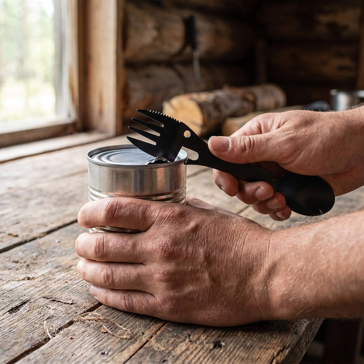 Hands opening an unlabeled can with the can opener notch of the camping spork