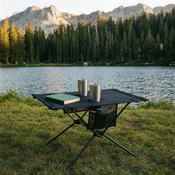 Folding camping table by a mountain lake with two tumblers in the cup holders, a book on top and a phone in the mesh pocket