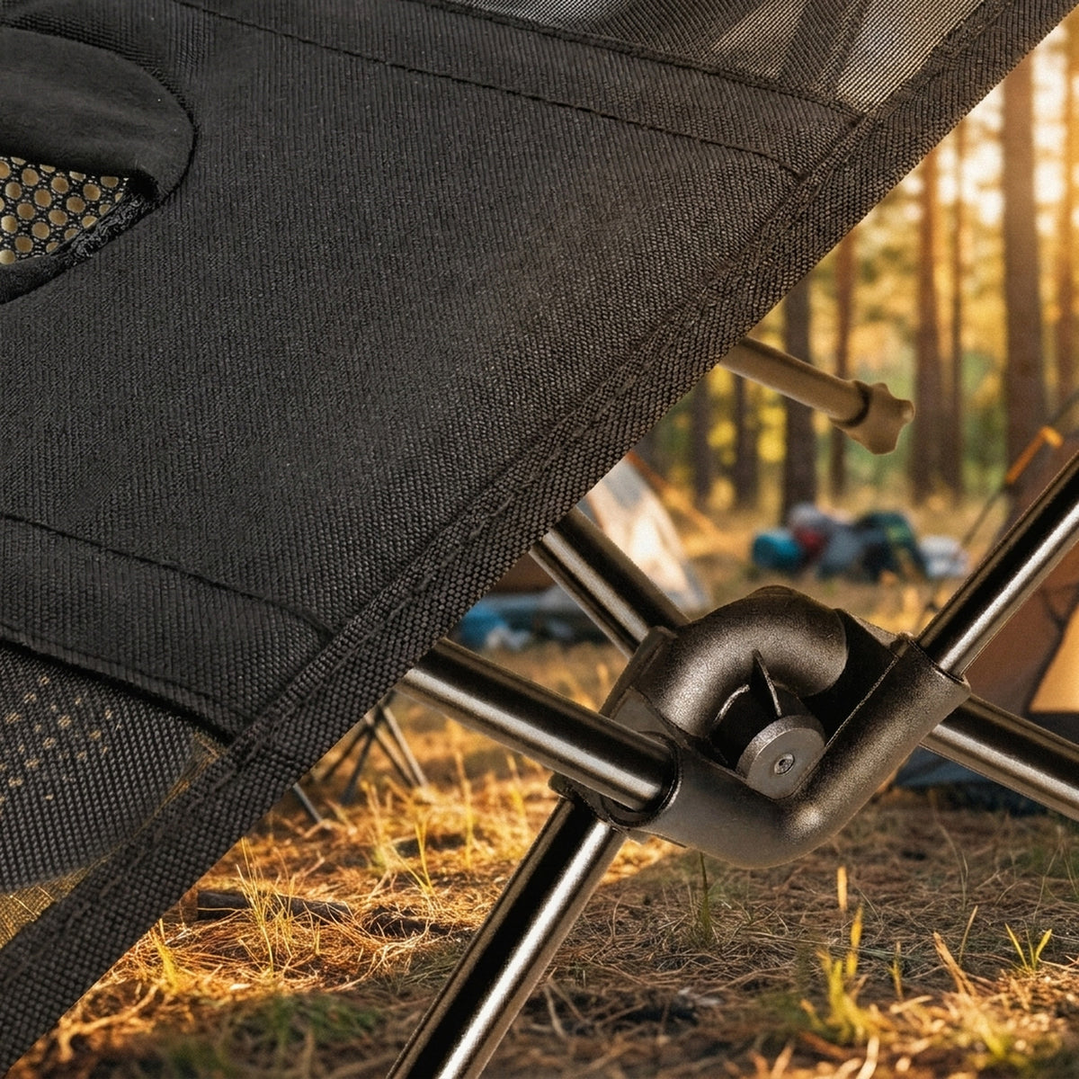 Close-up of the black aluminum frame joint under the fabric tabletop of the folding camping table