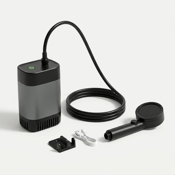 Portable camp shower: gray and black rechargeable pump with hose, black shower head, holder and USB charging cable