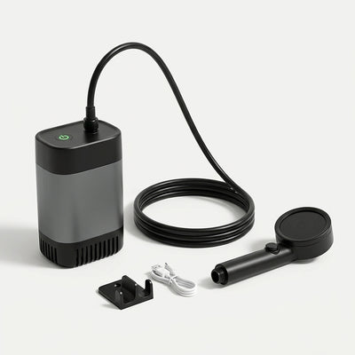Portable camp shower: gray and black rechargeable pump with hose, black shower head, holder and USB charging cable