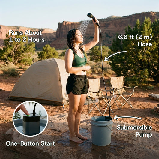 Woman rinsing her hair with the camp shower at a desert campsite, with labels: 6.6 ft (2 m) hose, submersible pump, one-button start, runs about 1 to 2 hours